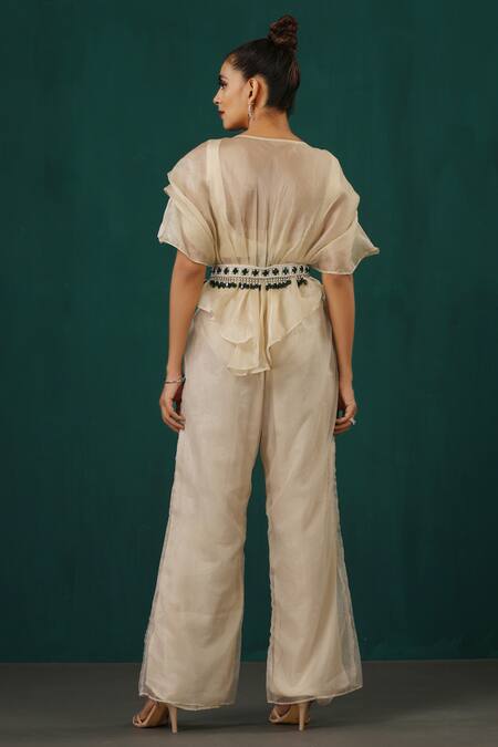 Shop_Minaki_Ivory Satin, Crepe Beads, Crystals Round Neck Asymmetric Cape Trouser Set _at_Aza_Fashions