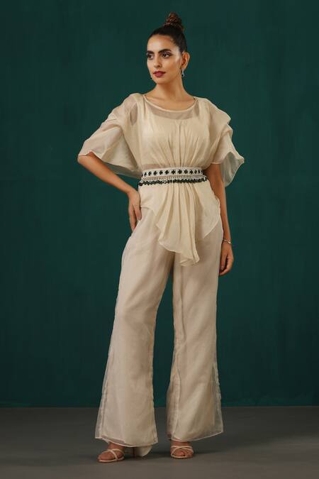 Minaki_Ivory Satin, Crepe Beads, Crystals Round Neck Asymmetric Cape Trouser Set _Online_at_Aza_Fashions