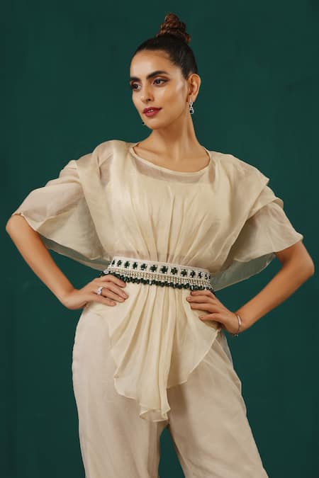 Buy_Minaki_Ivory Satin, Crepe Beads, Crystals Round Neck Asymmetric Cape Trouser Set _Online_at_Aza_Fashions