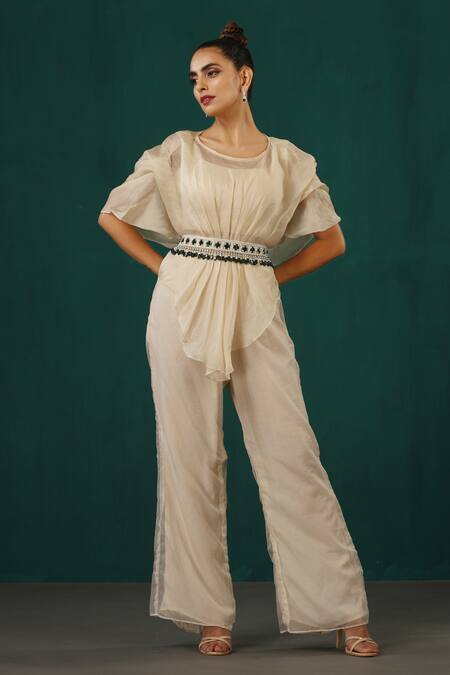 Shop_Minaki_Ivory Satin, Crepe Beads, Crystals Round Neck Asymmetric Cape Trouser Set _Online_at_Aza_Fashions