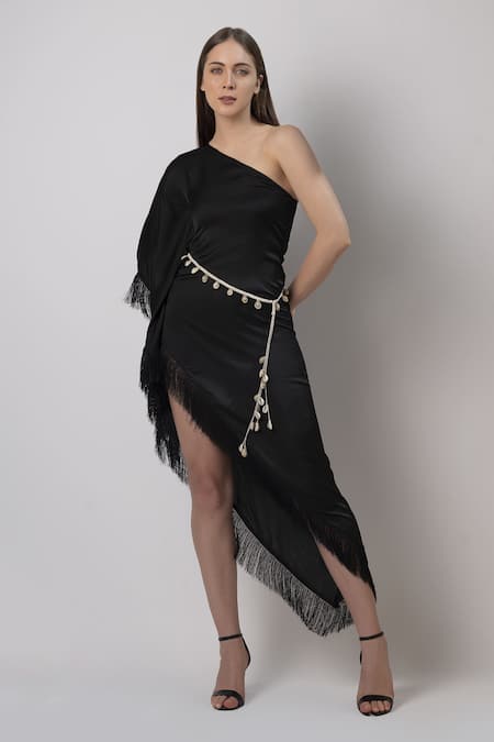 House Of Varada Black Satin One Shoulder Solid Dress With Belt