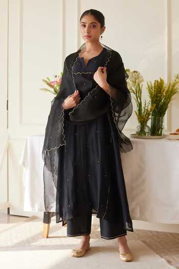 Juanita- Handwoven chanderi pista green comfort fit kurta set with embellishment main image 0