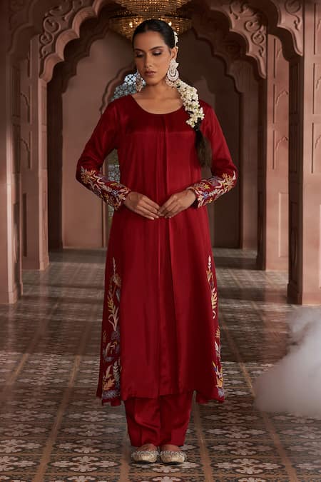 Megha Pitti Maroon Habutai Silk Hand Embroidered Floral Round Kurta And Pant Set 