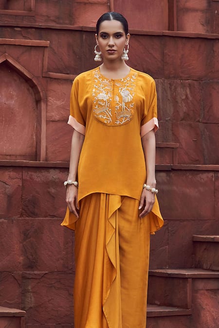 Shop_Megha Pitti_Yellow Bamboo Embroidery Round Neck Top And Dhoti Skirt Set _Online_at_Aza_Fashions
