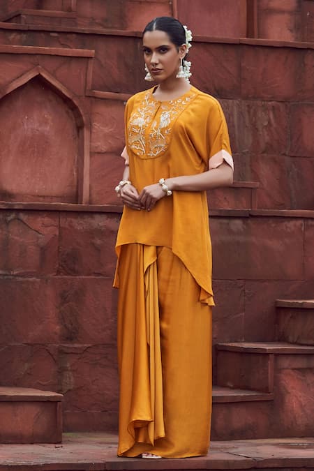 Megha Pitti_Yellow Bamboo Embroidery Round Neck Top And Dhoti Skirt Set _at_Aza_Fashions