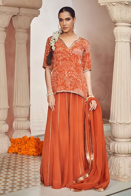Buy_Megha Pitti_Orange Bamboo Embroidery Split V-neck Hand Kurta Sharara Set _Online_at_Aza_Fashions