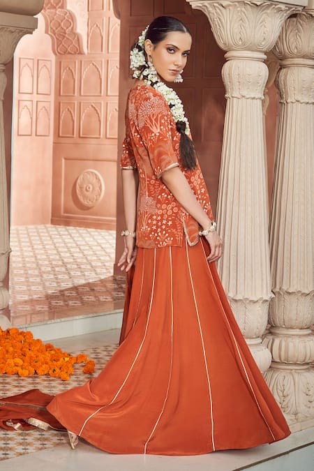 Shop_Megha Pitti_Orange Bamboo Embroidery Split V-neck Hand Kurta Sharara Set _Online_at_Aza_Fashions