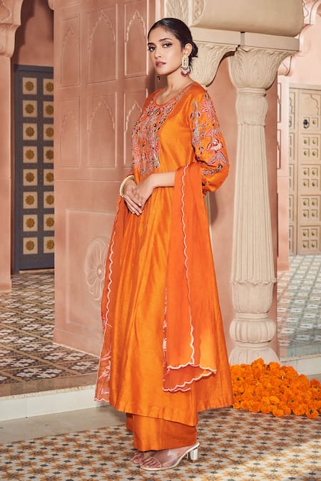 Shop_Megha Pitti_Orange Silk, Organza, Bamboo Embroidery Round Neck Hand Kurta Pant Set _Online_at_Aza_Fashions