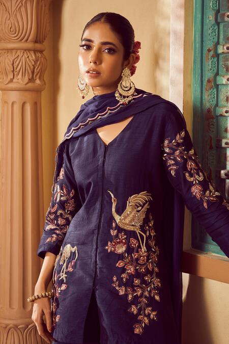 Megha Pitti_Blue Silk, Bamboo Embroidery V-neck Floral Hand Kurta Sharara Set _Online_at_Aza_Fashions