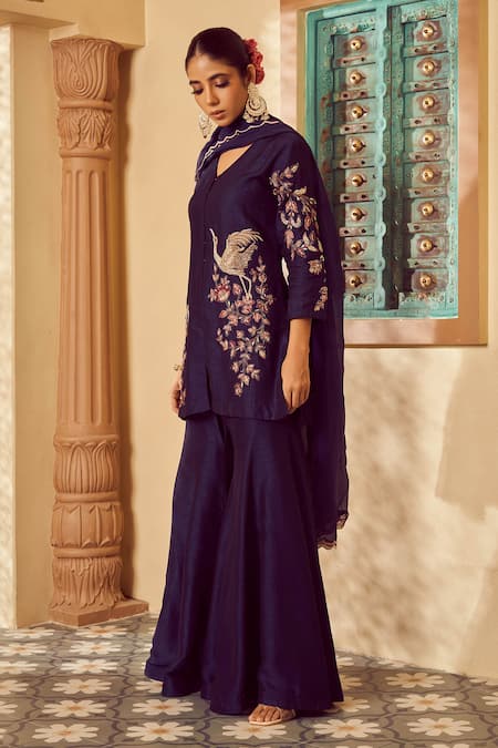 Buy_Megha Pitti_Blue Silk, Bamboo Embroidery V-neck Floral Hand Kurta Sharara Set _Online_at_Aza_Fashions