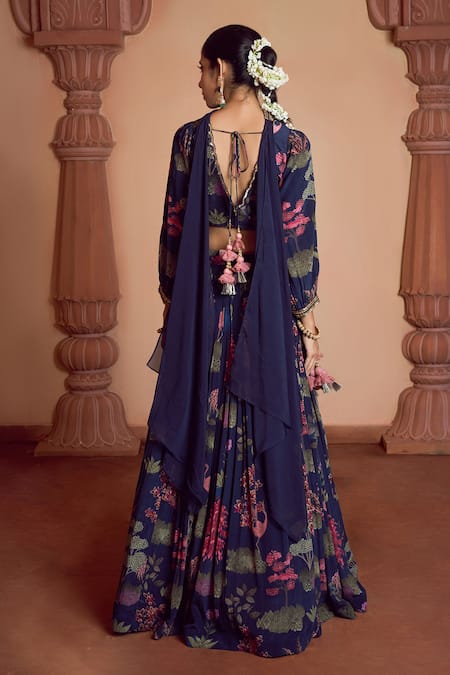 Shop Megha Pitti Blue Bamboo, Brocade Sequins, Embroidery V-neck Floral Print Blouse Lehenga Set at Aza Fashions Shop_Megha Pitti_Blue Bamboo, Brocade Sequins, Embroidery V-neck Floral Print Blouse Lehenga Set _at_Aza_Fashions