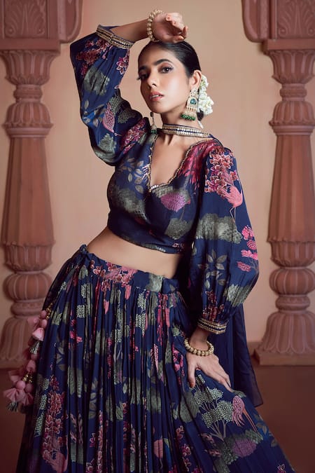 Megha Pitti Blue Bamboo, Brocade Sequins, Embroidery V-neck Floral Print Blouse Lehenga Set Online at Aza Fashions Megha Pitti_Blue Bamboo, Brocade Sequins, Embroidery V-neck Floral Print Blouse Lehenga Set _Online_at_Aza_Fashions