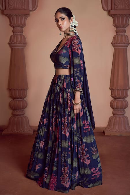 Buy Megha Pitti Blue Bamboo, Brocade Sequins, Embroidery V-neck Floral Print Blouse Lehenga Set Online at Aza Fashions Buy_Megha Pitti_Blue Bamboo, Brocade Sequins, Embroidery V-neck Floral Print Blouse Lehenga Set _Online_at_Aza_Fashions