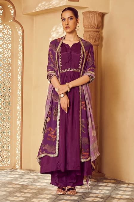 Megha Pitti Purple Habutai Silk Printed Floral Notched Yoke Embroidered Kurta Pant Set 