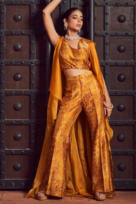 Megha Pitti_Yellow Brocade, Silk, Bamboo Embroidery Floral Print Pant Set With Jacket _Online_at_Aza_Fashions