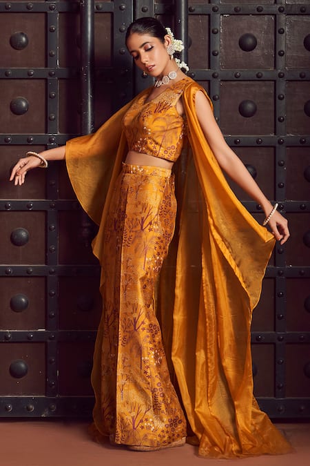 Buy_Megha Pitti_Yellow Brocade, Silk, Bamboo Embroidery Floral Print Pant Set With Jacket _Online_at_Aza_Fashions
