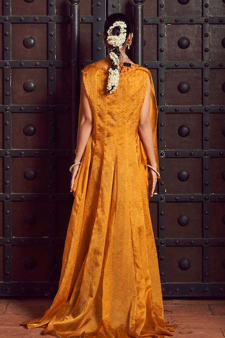 Shop_Megha Pitti_Yellow Brocade, Silk, Bamboo Embroidery Floral Print Pant Set With Jacket _Online_at_Aza_Fashions