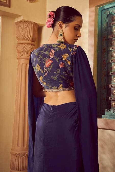 Shop_Megha Pitti_Blue Bemberg Silk Printed Floral V Neck Saree Gown _at_Aza_Fashions