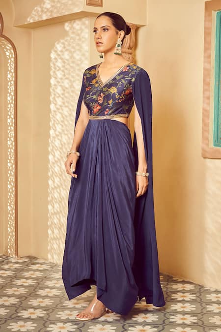 Megha Pitti_Blue Bemberg Silk Printed Floral V Neck Saree Gown _Online_at_Aza_Fashions