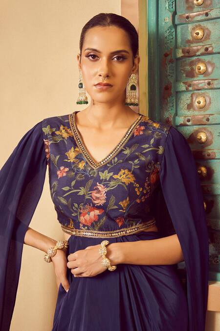 Buy_Megha Pitti_Blue Bemberg Silk Printed Floral V Neck Saree Gown _Online_at_Aza_Fashions
