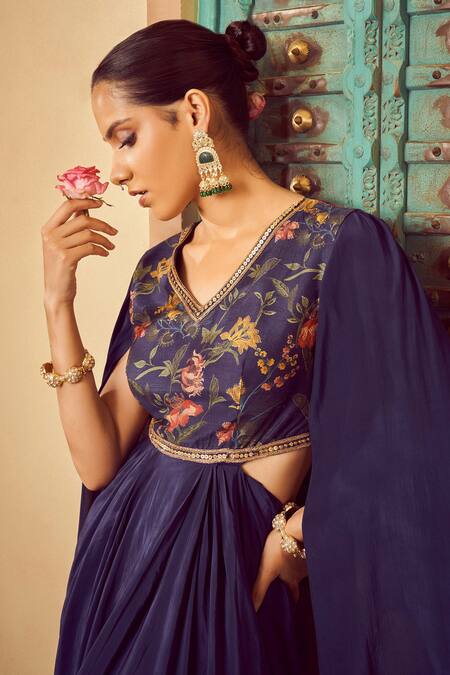Shop_Megha Pitti_Blue Bemberg Silk Printed Floral V Neck Saree Gown _Online_at_Aza_Fashions