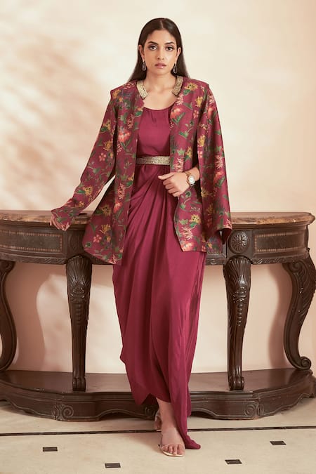 Megha Pitti Magenta Bemberg Silk Printed Floral Jacket Stand Collar With Draped Gown 