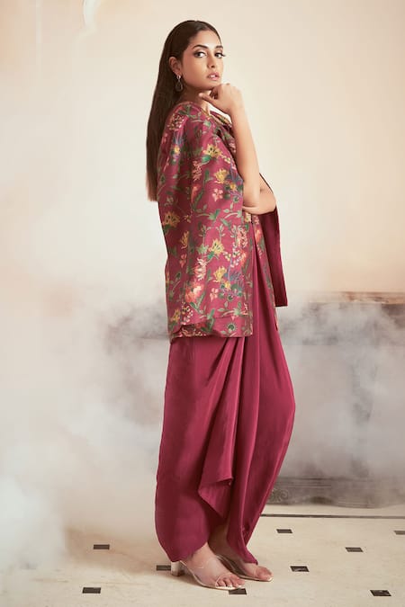 Shop Megha Pitti Magenta Silk, Crepe, Brocade, Bamboo Floral Print Jacket With Draped Gown at Aza Fashions Shop_Megha Pitti_Magenta Silk, Crepe, Brocade, Bamboo Floral Print Jacket With Draped Gown _at_Aza_Fashions