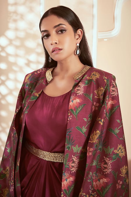 Megha Pitti Magenta Silk, Crepe, Brocade, Bamboo Floral Print Jacket With Draped Gown Online at Aza Fashions Megha Pitti_Magenta Silk, Crepe, Brocade, Bamboo Floral Print Jacket With Draped Gown _Online_at_Aza_Fashions