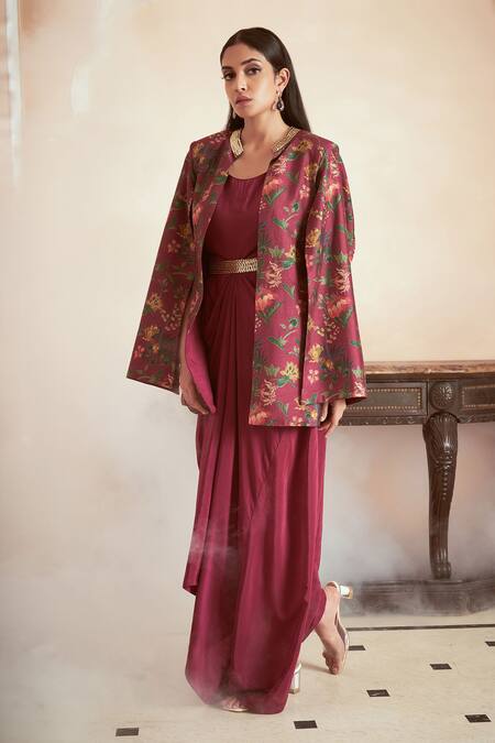 Buy Megha Pitti Magenta Silk, Crepe, Brocade, Bamboo Floral Print Jacket With Draped Gown Online at Aza Fashions Buy_Megha Pitti_Magenta Silk, Crepe, Brocade, Bamboo Floral Print Jacket With Draped Gown _Online_at_Aza_Fashions