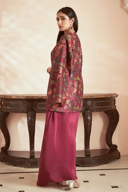 Shop Megha Pitti Magenta Silk, Crepe, Brocade, Bamboo Floral Print Jacket With Draped Gown Online at Aza Fashions Shop_Megha Pitti_Magenta Silk, Crepe, Brocade, Bamboo Floral Print Jacket With Draped Gown _Online_at_Aza_Fashions