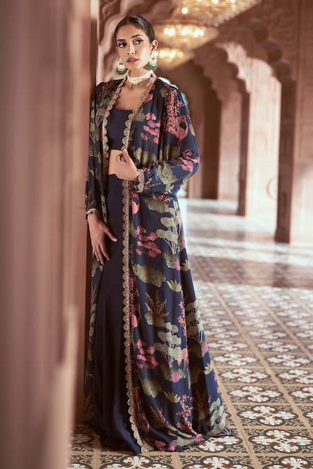 Megha Pitti_Blue Sequins, Embroidery Round Neck Floral Print Jacket Lehenga Set _Online_at_Aza_Fashions