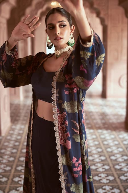 Buy_Megha Pitti_Blue Sequins, Embroidery Round Neck Floral Print Jacket Lehenga Set _Online_at_Aza_Fashions