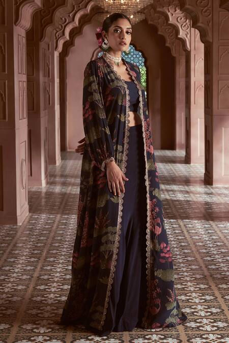 Shop_Megha Pitti_Blue Sequins, Embroidery Round Neck Floral Print Jacket Lehenga Set _Online_at_Aza_Fashions