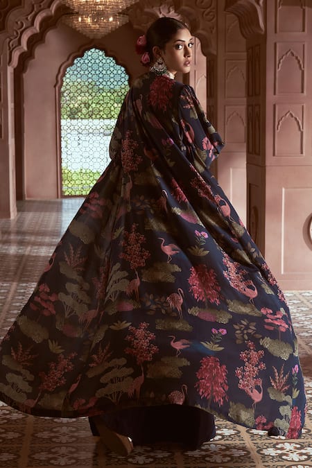 Megha Pitti_Blue Sequins, Embroidery Round Neck Floral Print Jacket Lehenga Set _at_Aza_Fashions