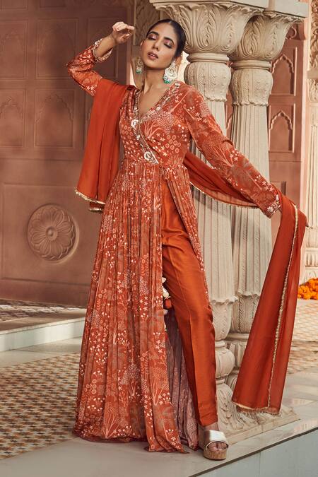 Megha Pitti_Orange Bamboo Sequins, Embroidery V-neck Floral Hand Anarkali Set _Online_at_Aza_Fashions