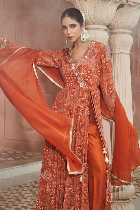 Shop_Megha Pitti_Orange Bamboo Sequins, Embroidery V-neck Floral Hand Anarkali Set _Online_at_Aza_Fashions