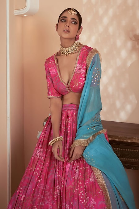 Megha Pitti Pink Bamboo, Brocade Sequins, Embroidery V-neck Floral Print Lehenga Set Online at Aza Fashions Megha Pitti_Pink Bamboo, Brocade Sequins, Embroidery V-neck Floral Print Lehenga Set _Online_at_Aza_Fashions