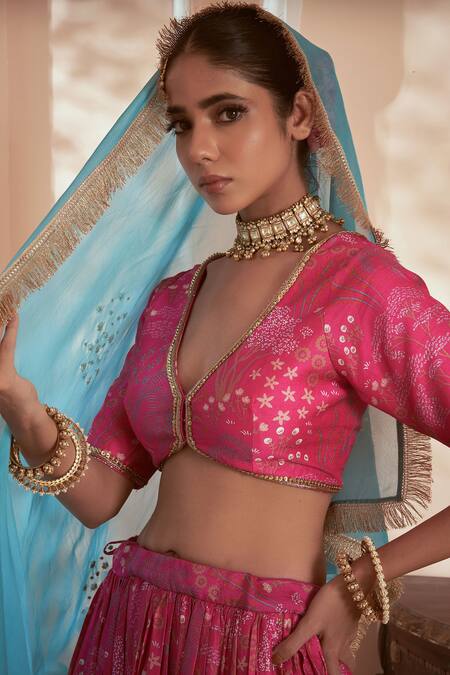 Buy Megha Pitti Pink Bamboo, Brocade Sequins, Embroidery V-neck Floral Print Lehenga Set Online at Aza Fashions Buy_Megha Pitti_Pink Bamboo, Brocade Sequins, Embroidery V-neck Floral Print Lehenga Set _Online_at_Aza_Fashions