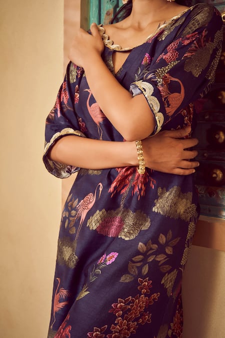 Megha Pitti_Blue Embroidery, Sequins Round Neck Floral Print Kurta And Pant Set _Online_at_Aza_Fashions