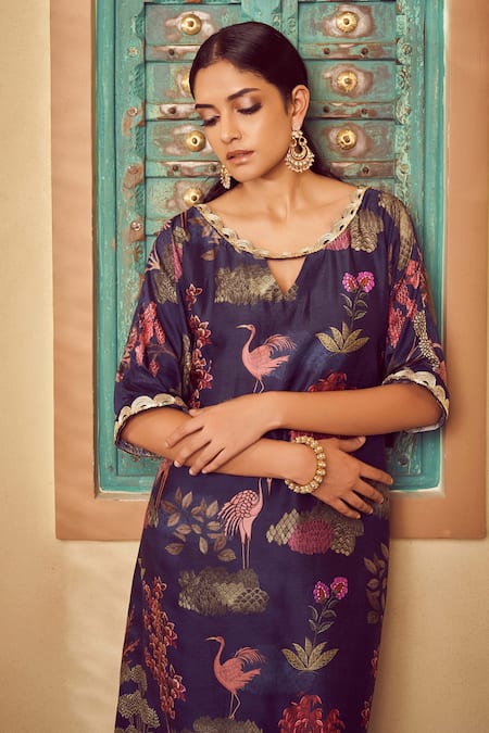Buy_Megha Pitti_Blue Embroidery, Sequins Round Neck Floral Print Kurta And Pant Set _Online_at_Aza_Fashions