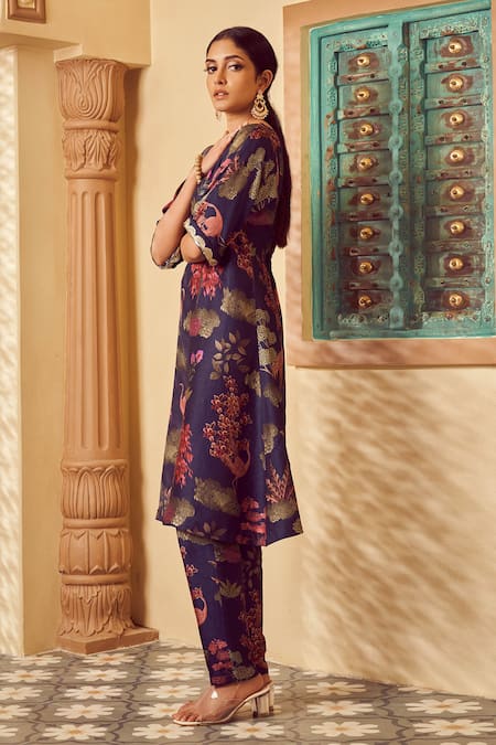 Shop_Megha Pitti_Blue Embroidery, Sequins Round Neck Floral Print Kurta And Pant Set _Online_at_Aza_Fashions