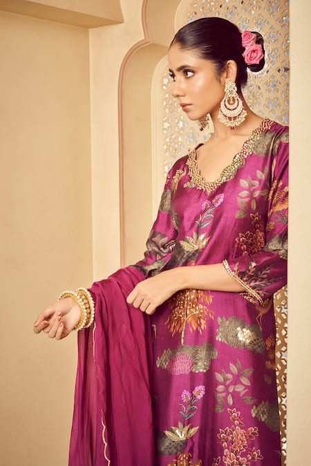 Shop_Megha Pitti_Purple Bamboo, Silk Embroidery, Sequins V-neck Floral Pattern Kurta Pant Set _Online_at_Aza_Fashions