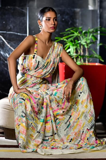 Sayisha_Multi Color Chiffon Sequins Graphic Print Pre-draped Saree With Blouse _Online_at_Aza_Fashions