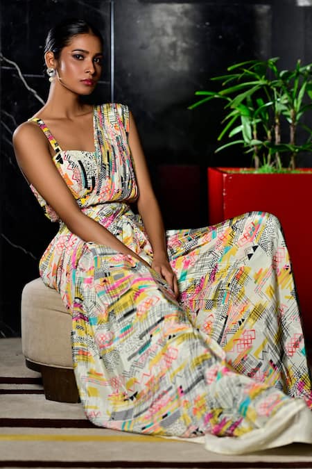 Buy_Sayisha_Multi Color Chiffon Sequins Graphic Print Pre-draped Saree With Blouse _Online_at_Aza_Fashions