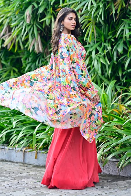 Shop_Sayisha_Red Chinon Printed Floral Cape Open Palazzo Set _at_Aza_Fashions