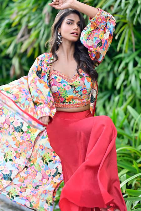 Shop_Sayisha_Red Chinon Printed Floral Cape Open Palazzo Set _Online_at_Aza_Fashions