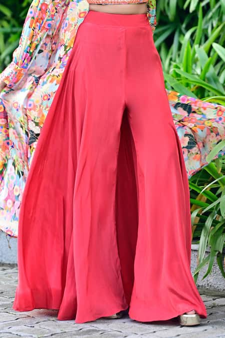 Sayisha_Red Chinon Printed Floral Cape Open Palazzo Set _at_Aza_Fashions