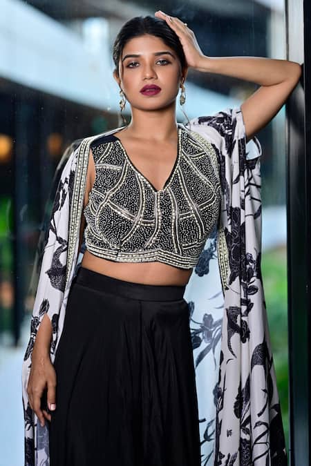 Sayisha Black Chinon Printed Floral Cape Open Lehenga Set Online at Aza Fashions Sayisha_Black Chinon Printed Floral Cape Open Lehenga Set _Online_at_Aza_Fashions