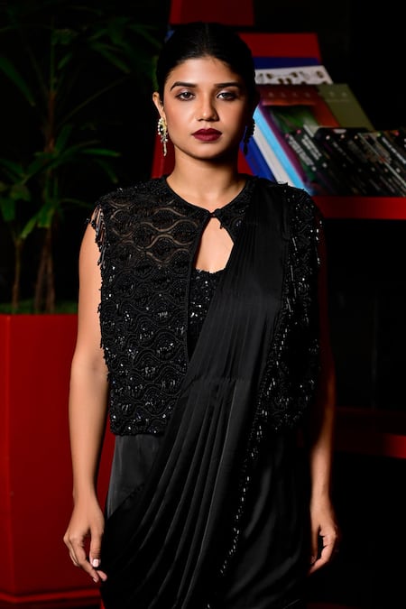 Buy_Sayisha_Black Satin Sequins V-neck Crystal Taselled Border Pre-draped Saree With Blouse _Online_at_Aza_Fashions