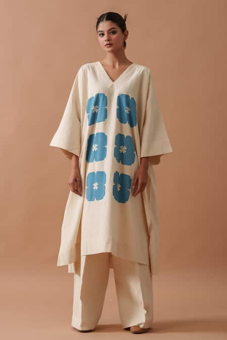 Stoique_Beige Handwoven Cotton Printed Handblock V Neck Marigold Floral Hand Tunic _Online_at_Aza_Fashions